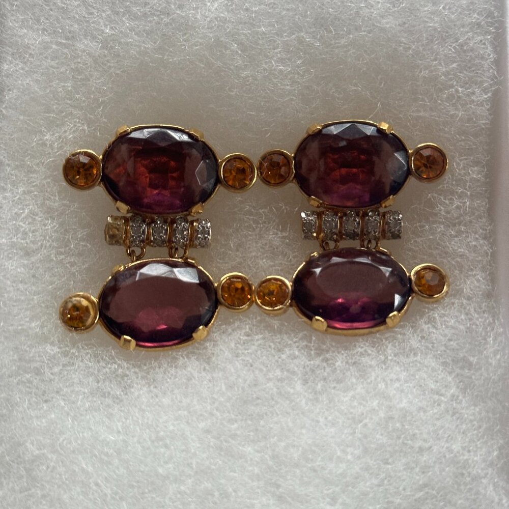 Gorgeous Valentino Bijoux Statement Earrings Amethyst & Amber Crystal Clip-Ons